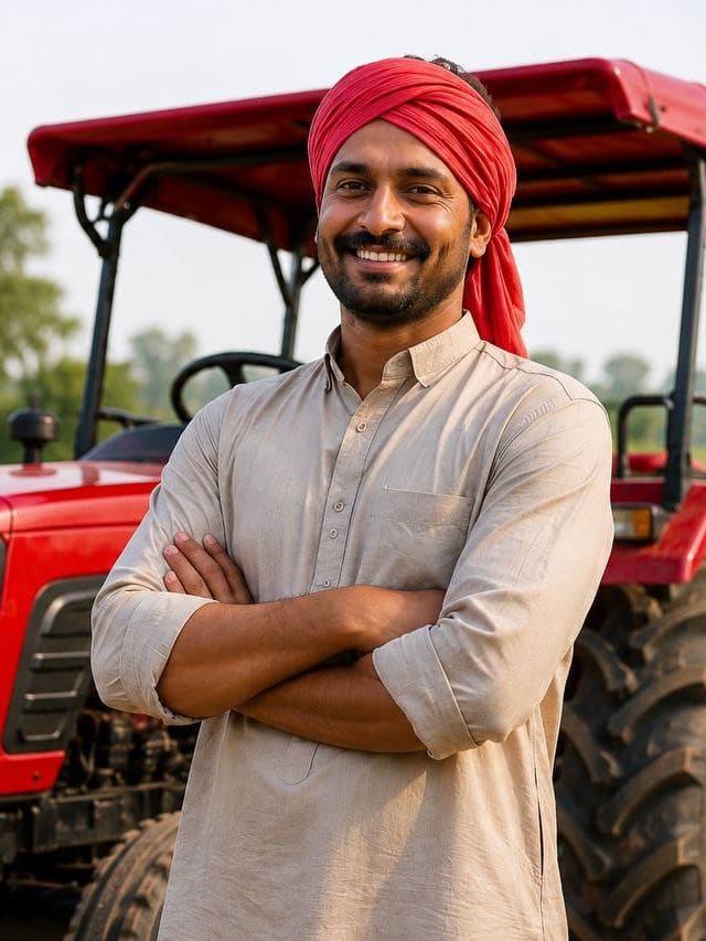 A Service Provider standing with his arms crossed in front of his tractor